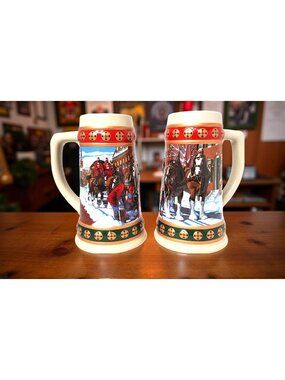 2-Vintage 1993 Budweiser Holiday Stein Collection "Hometown" Holiday Ceramic Bee